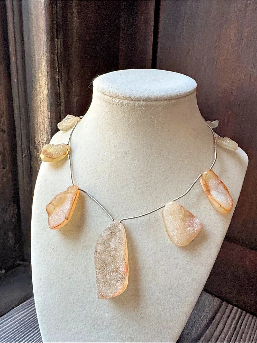 Yellow Druzy Agate Statement Necklace Raw Crystal Stone Silver Tone 16”